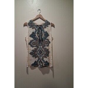 DR2 Daniel Rainn S Boho Tank Cream Navy Chiffon Geometric Medallion Flowy Tassel